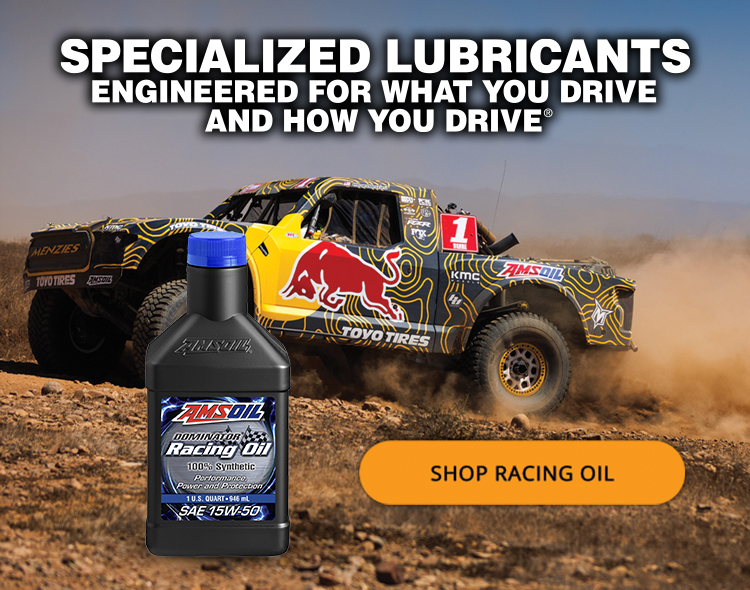 AMSOIL specialized racing lubricants with off-road racing truck and DOMINATOR Racing Oil